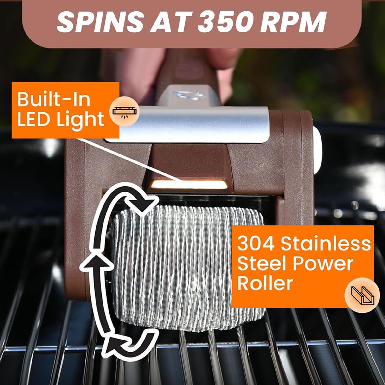 Cepillo eléctrico para parrilla, limpiador inalámbrico de barbacoa de 350 RPM con luz LED, rodillo sin cerdas, herramienta de limpieza recargable para barbacoa al aire libre y camping