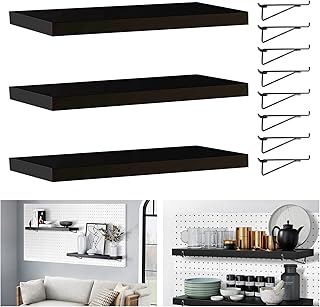 Black Pegboard Shelf, 3 Pack Pegboard Shelves Brackets with Metal Pegboard Hooks, Heavy Duty Peg Board Shelf Pegboard Book Shelf, Pegboard Accessories for Craft Room, Office, Garage