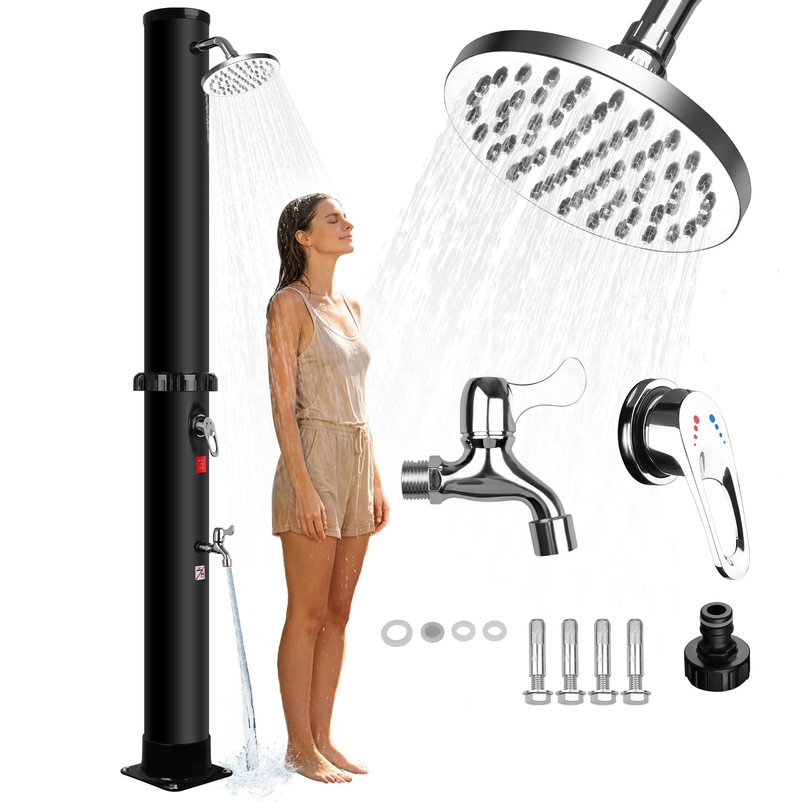 Doccia Solare da Giardino per Esterni 35L, Senza Corrente, Soffione Doccia a Pioggia Regolabile e Rubinetto, Regolazione della Temperatura e Pressione, Acqua Calda a 60 °C