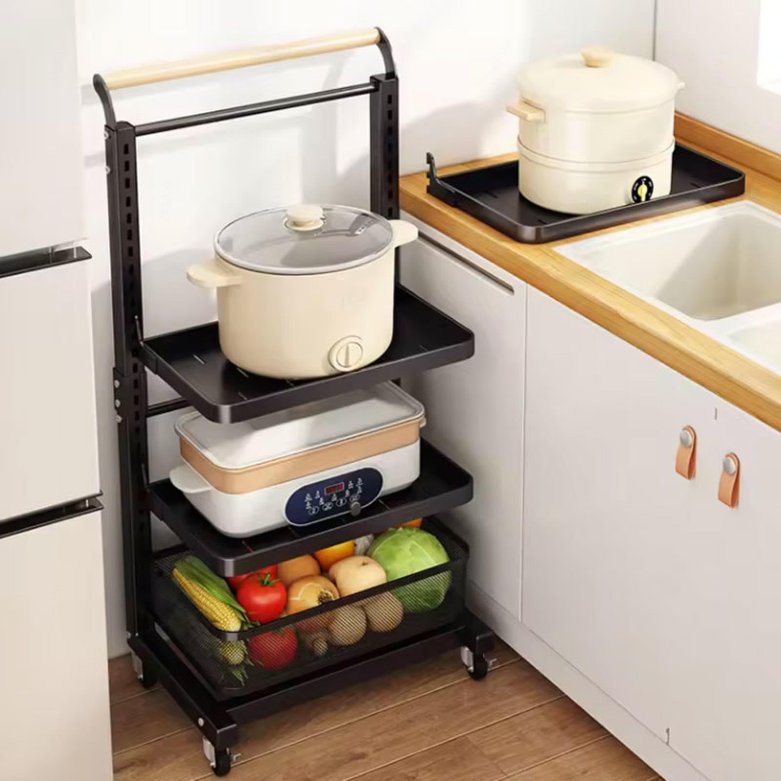 Scaffale espandibile per forno a microonde, scaffale da cucina a 4 ripiani con piatti e cestello, salvaspazio sopra il forno a microonde, per una conservazione efficiente della cucina e lo spazio