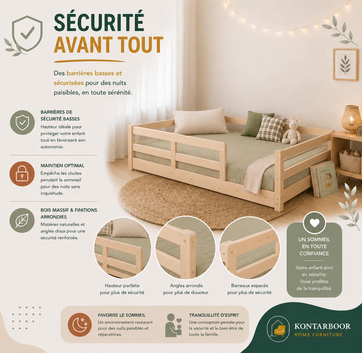 KONTARBOOR Cama infantil de 90 x 190 cm con barreras de seguridad – Montessori- Cama en el suelo de madera maciza natural – Estilo escandinavo mixto niña y niño – Somier incluido – Habitación infantil