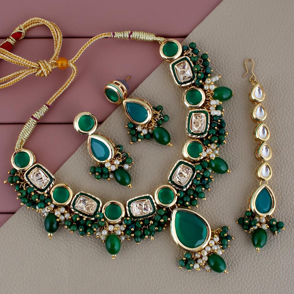 Image of Lucky Jewellery Meenakari 18k Gold Plated Tika Earring Combo Uncut Big Faux Kundan Choker Necklace set