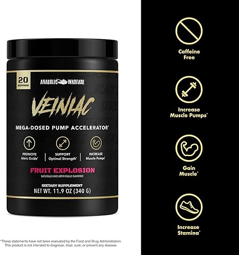 Miniatura 4 de Anabolic Warfare Veiniac - Suplemento activador de bomba muscular sin estimulantes antes del entrenamiento con L-citrulina, betaína anhidra y AGMass