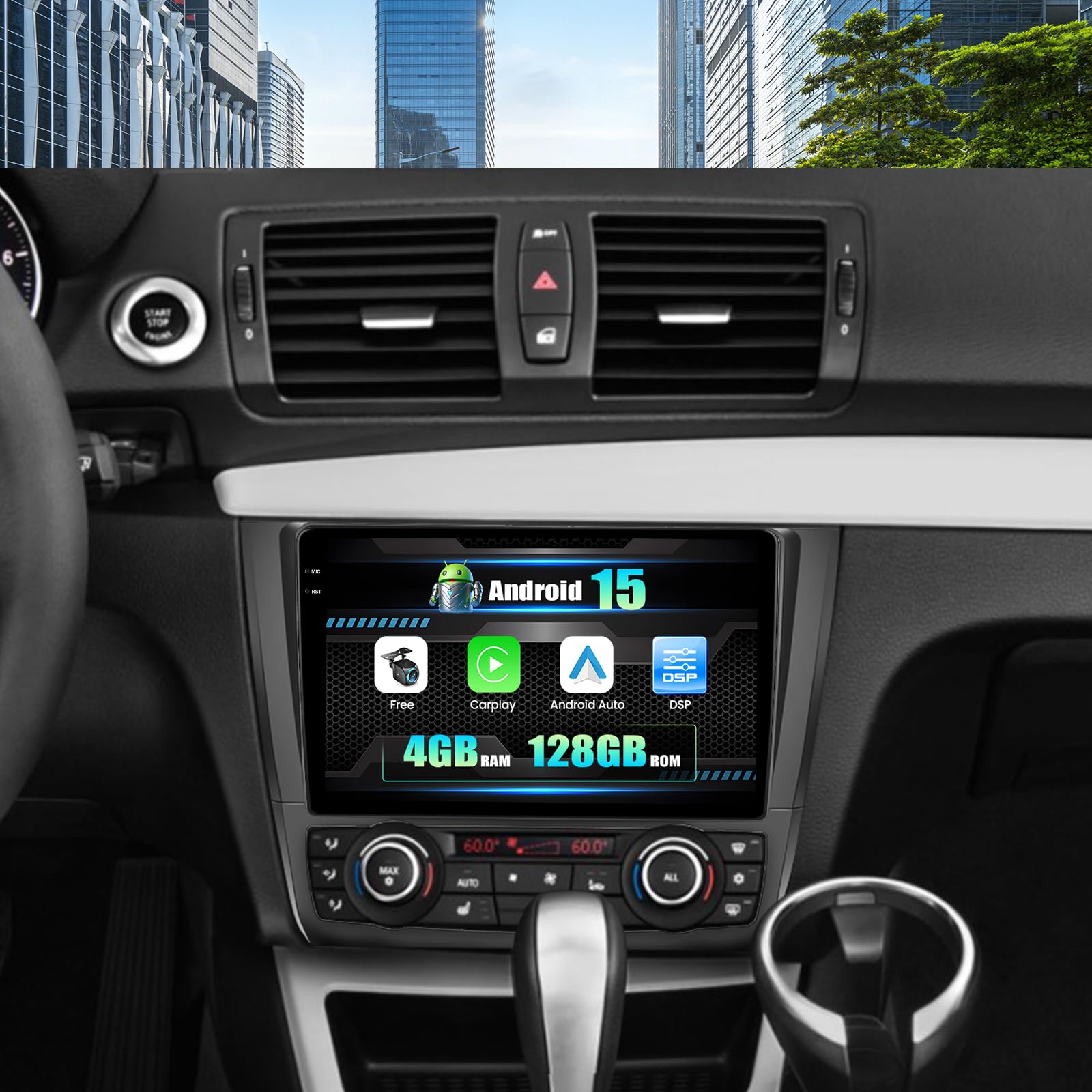 4+128GB Android 13 Inalámbrico Apple Carplay & Android Auto Radio para BMW Serie 1 E81 E82 E87 E88 (2008-2012), 9’’ Pantalla Táctil, Mirror Link, GPS, RDS, SWC, Bluetooth, WiFi, AHD Cámara + Mic