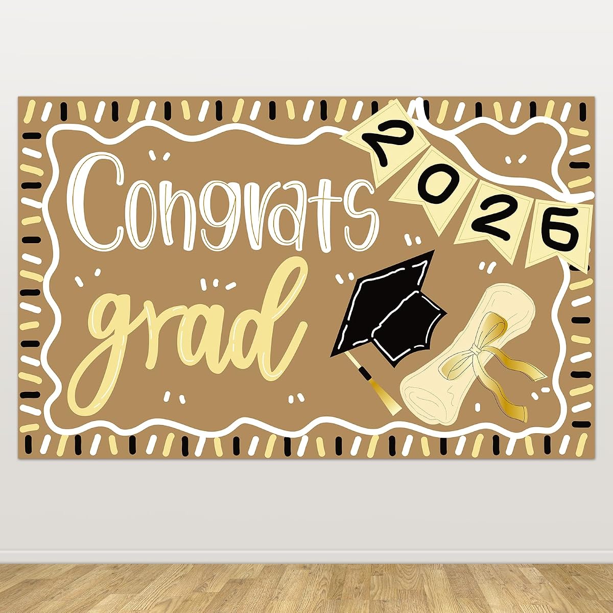 Felicitaciones Grad telón de fondo 2026 decoraciones de pancarta de fiesta de graduación 39 "x 25" pancarta grande de papel Kraft de Felicitaciones Grad clase de 2026 para exhibición en interiores y exteriores, carteles de pared, suministros para fotos (oro negro)