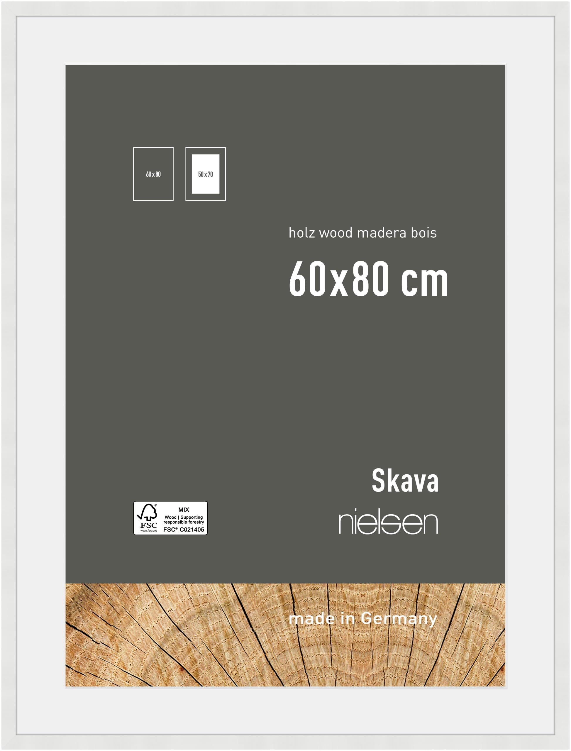 Nielsen White Skava Wooden Picture Frame - 60X80cm With Mount To Fit 50X70cm Photo - Float Glass And Easy Push-Turn Clips