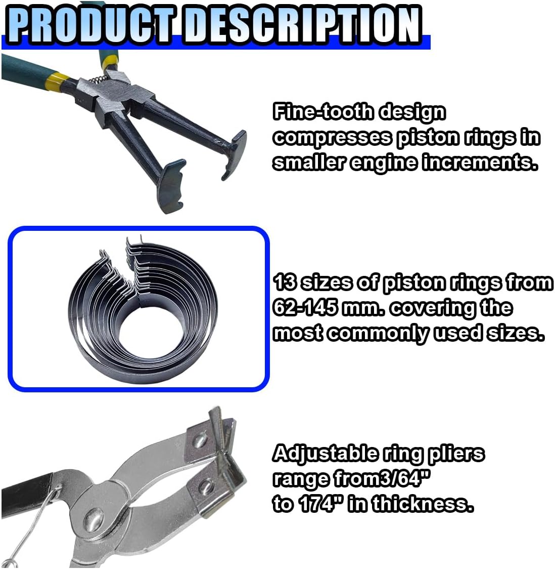 15PCS Car Engine Piston Ring Compressor Tool Kit, Adjustable Piston Installer Pliers and Compressor Pliers with 13 Piston Rings (62-145mm/2.44-5.71in) for Car Truck Engine