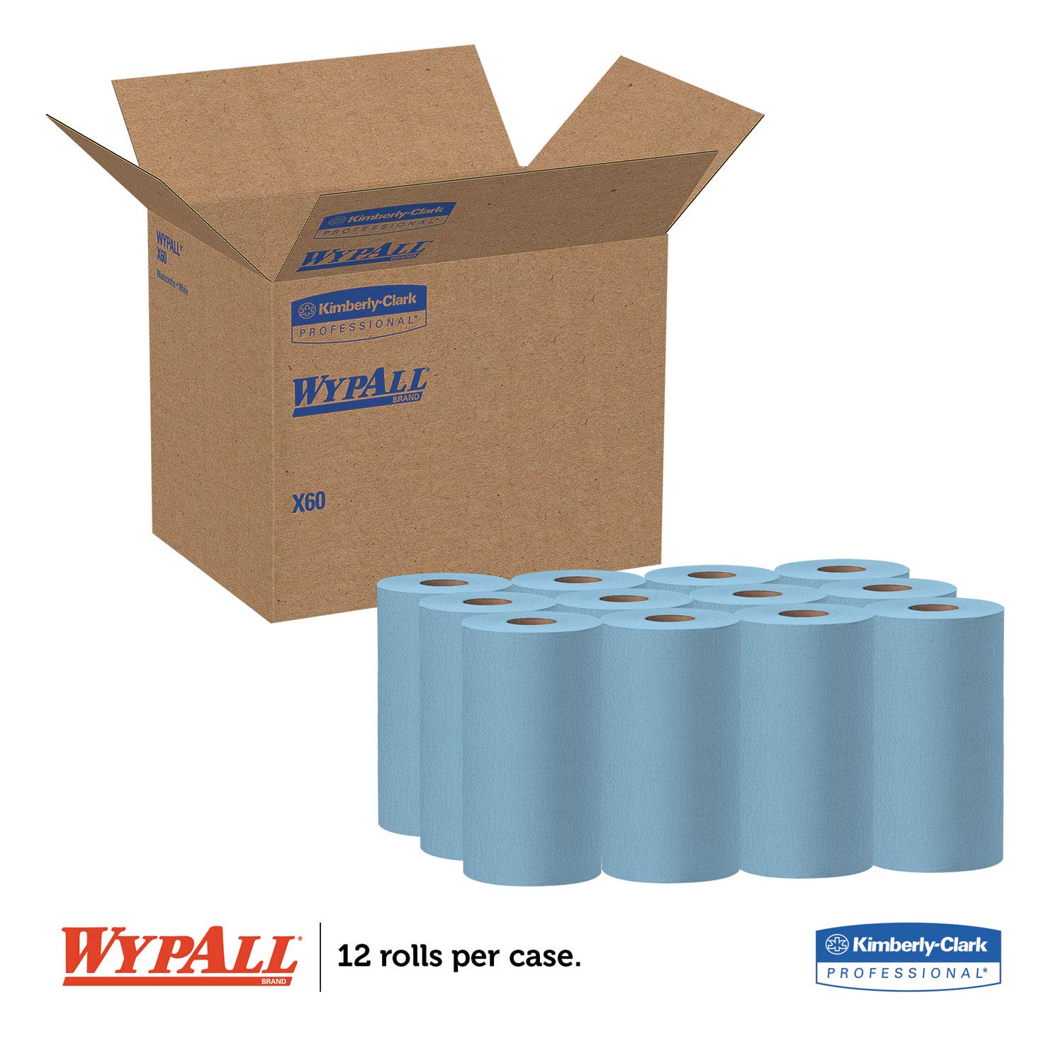 Kimberly-Clark 35411 Blue Hydroknit Paper WYPALL X60 Wipers, 9.8" x 13.4" Roll, 130 Sheets (Pack of 12)