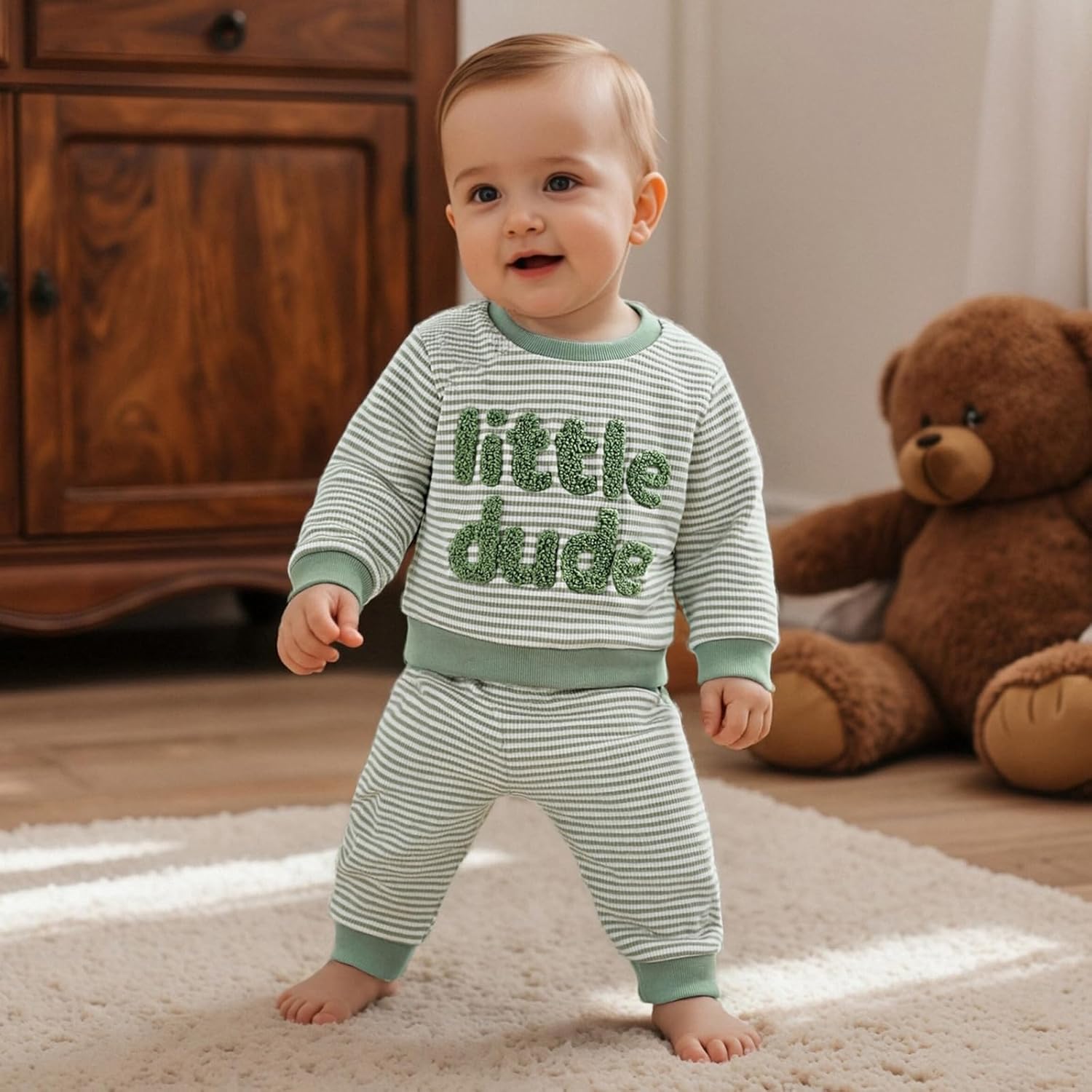 Nyapruwe Toddler Baby Boy Fall Winter Clothes Stripe Letter Embroidery Sweatshirt Tops Pants Set Casual Infant Outfits - Image 2