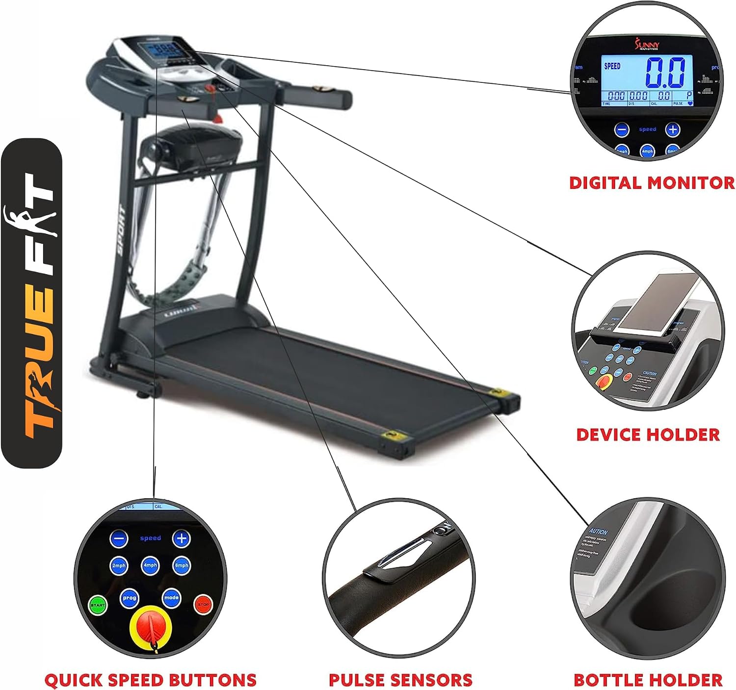 Detailed view of the TRUE FIT 502 treadmill's control panel, digital monitor, quick speed buttons, pulse sensors, device holder, and bottle holder.
