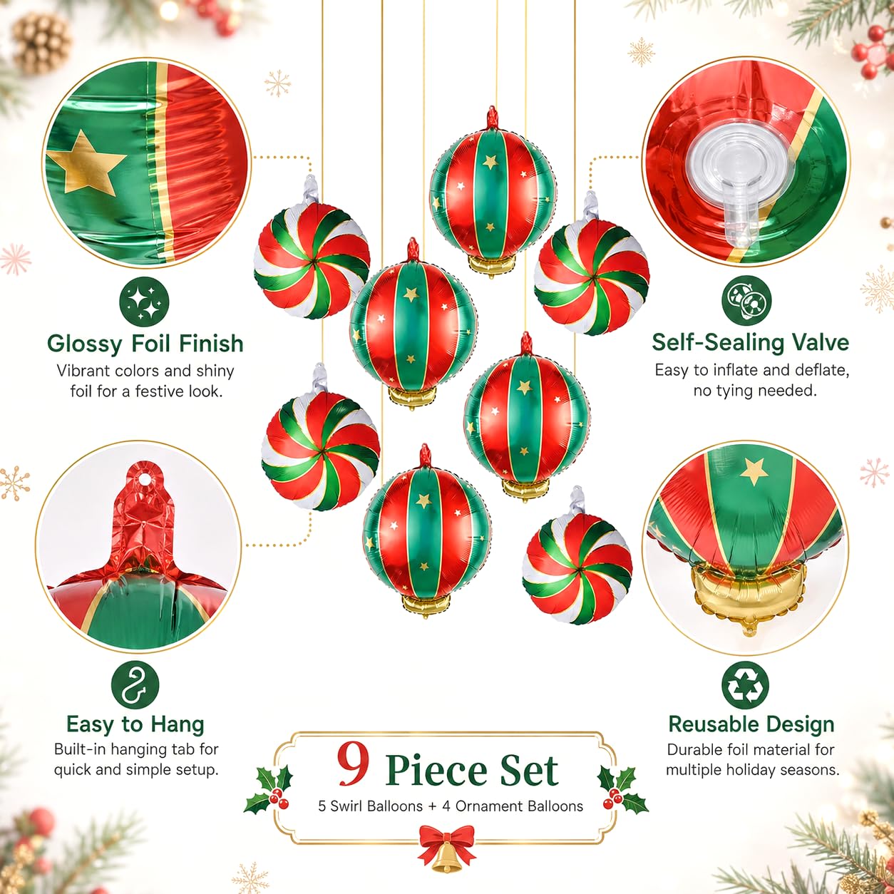 Weihnachten Folienballons Set, 9 Stück Groß Weihnachts Deko Süßigkeiten Hängende Weihnachtskugel Helium Ballons, Rot Grün Gold Weihnachtsdeko Bonbon Candy Luftballons für Christmas Party Dekoration