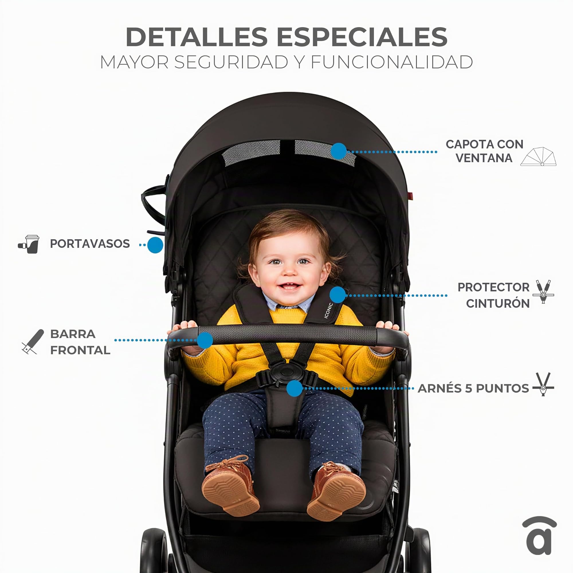 Silla de Paseo Ligera, Compacta y Segura hasta 22 kg | Respaldo Reclinable, Capota Extensible, Gran Cesta y Diseño Elegante para la Comodidad de tu Bebé y tu Tranquilidad | Iconic Negro ASALVO