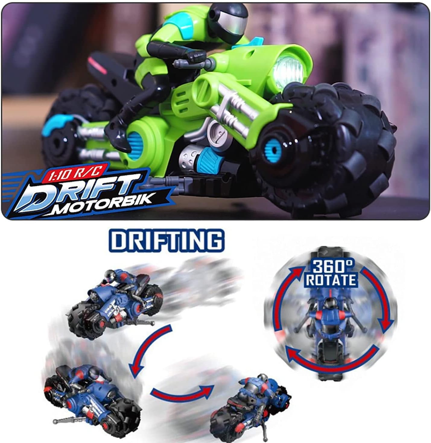 UNIQUE KIDS Remote Control Motorcycles - 360° Spinning Action, High-Speed Racing Motorbike with LED Lights for Boys and Girls Green Color