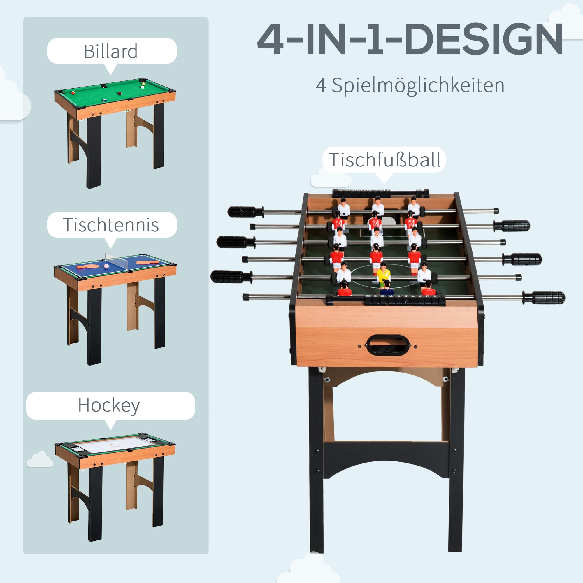HOMCOM 4-in-1 Multispieltisch Multifunktionsspieltisch mit Tischhockey Tischfußball Billard Tischtennis Multigame Spieltisch aus MDF, 92 x 78 x 80cm