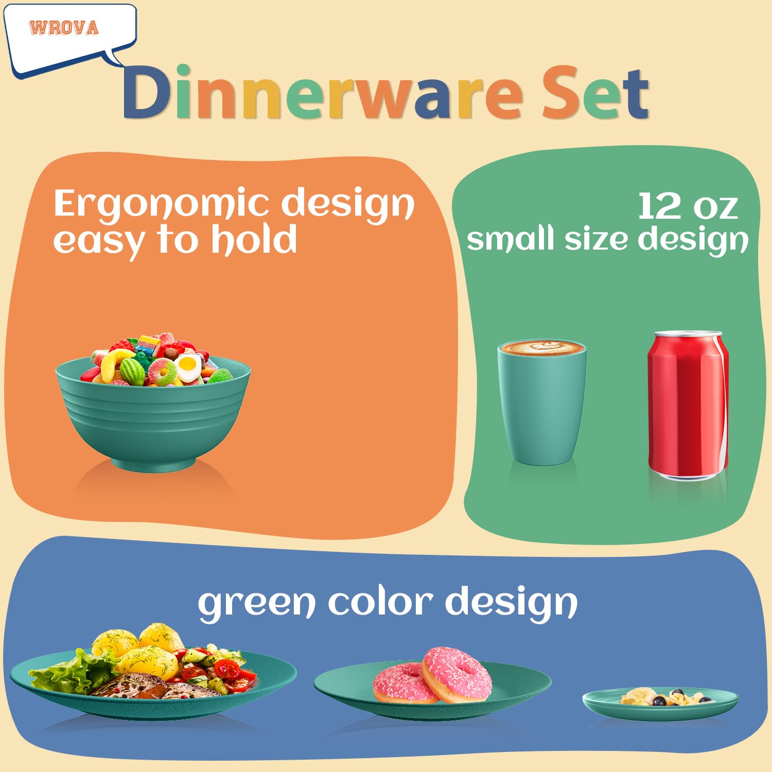 Wrova Juego de vajilla de 40 piezas, platos y cuencos con vaso, juego de platos irrompibles para 8 personas, apto para lavavajillas y microondas, para camping, autocaravanas - verde oscuro