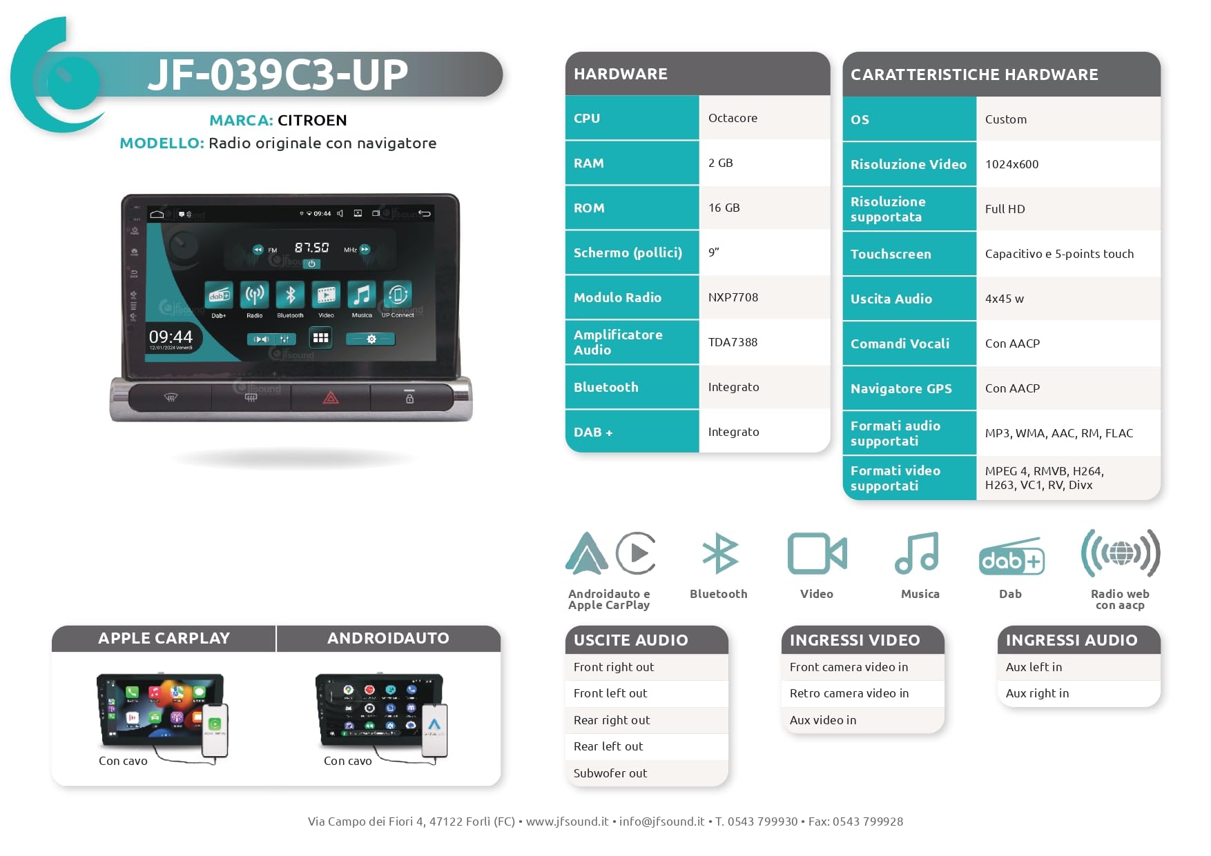 JF Sound - Autoradio Custom Fit UP - Per Citroën C3 (2016-2023) - 9" Touchscreen - CarPlay/Android Auto via Cavo - DAB+ - Octa-Core - 2GB RAM - 16GB ROM - Navigatore GPS - Bluetooth Integrato