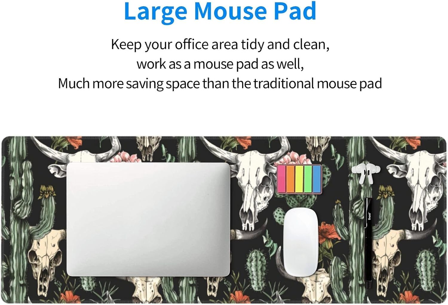 Famame Laptop Mouse Pad Flowers Cactus Bull Skull Desk Mat with Stitched Edges 31.5X 11.8 inch Non-Slip Large Keyboard Rubber Writing Table Mat for Office Home - Image 7