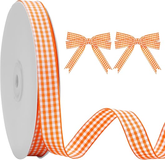 KINGLAKE Orange Gingham Ribbon - 5/8'' x 50 Yds Orange Plaid Ribbon | Orange and White Checkered Ribbon for Gift Wrapping Crafts Birthday Baby Shower Easter Halloween Christmas Picnic Decor