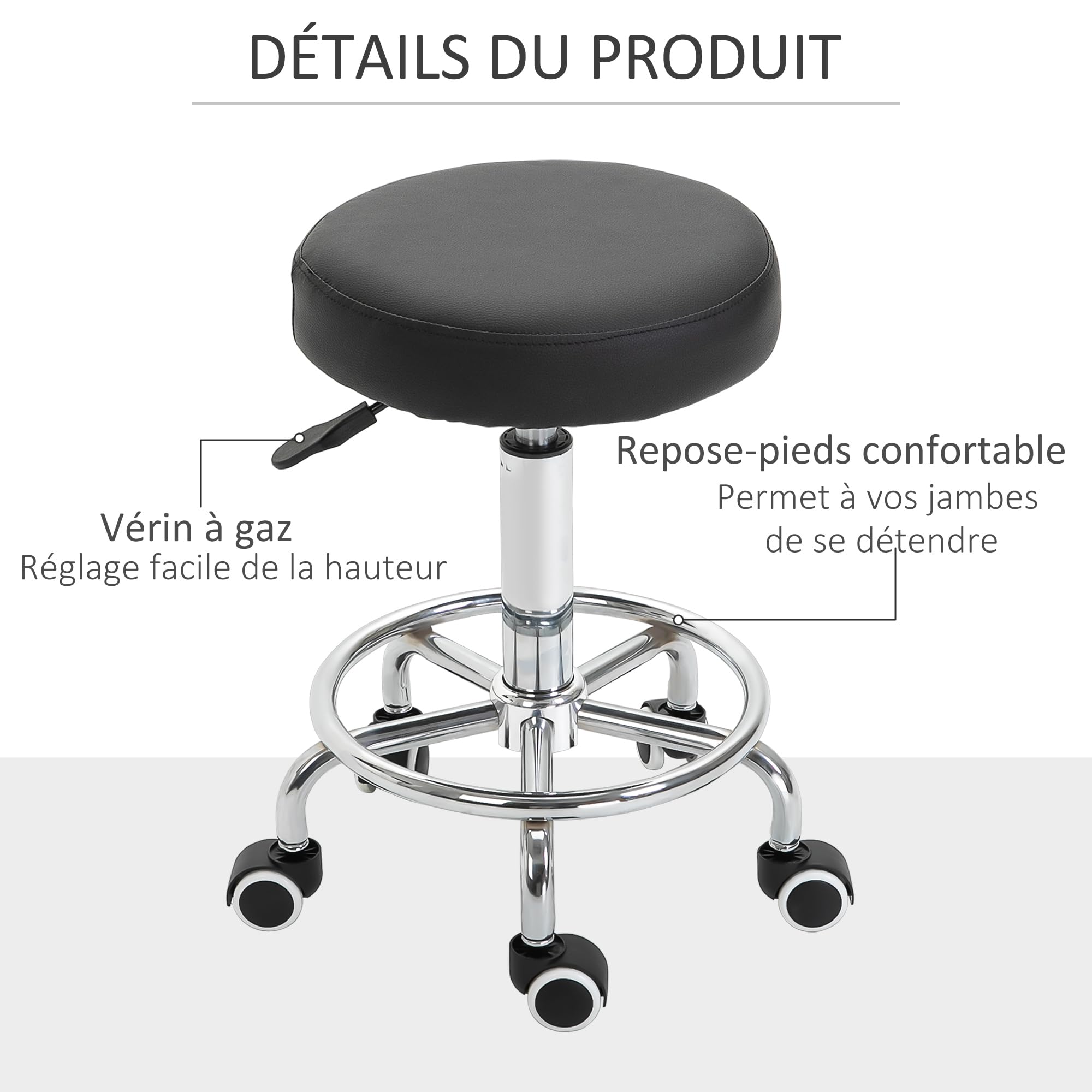Vinsetto Tabouret à roulettes réglable 50-64 cm, assise rembourrée, pivotant 360°, pour massage, tatouage, clinique, spa, noir