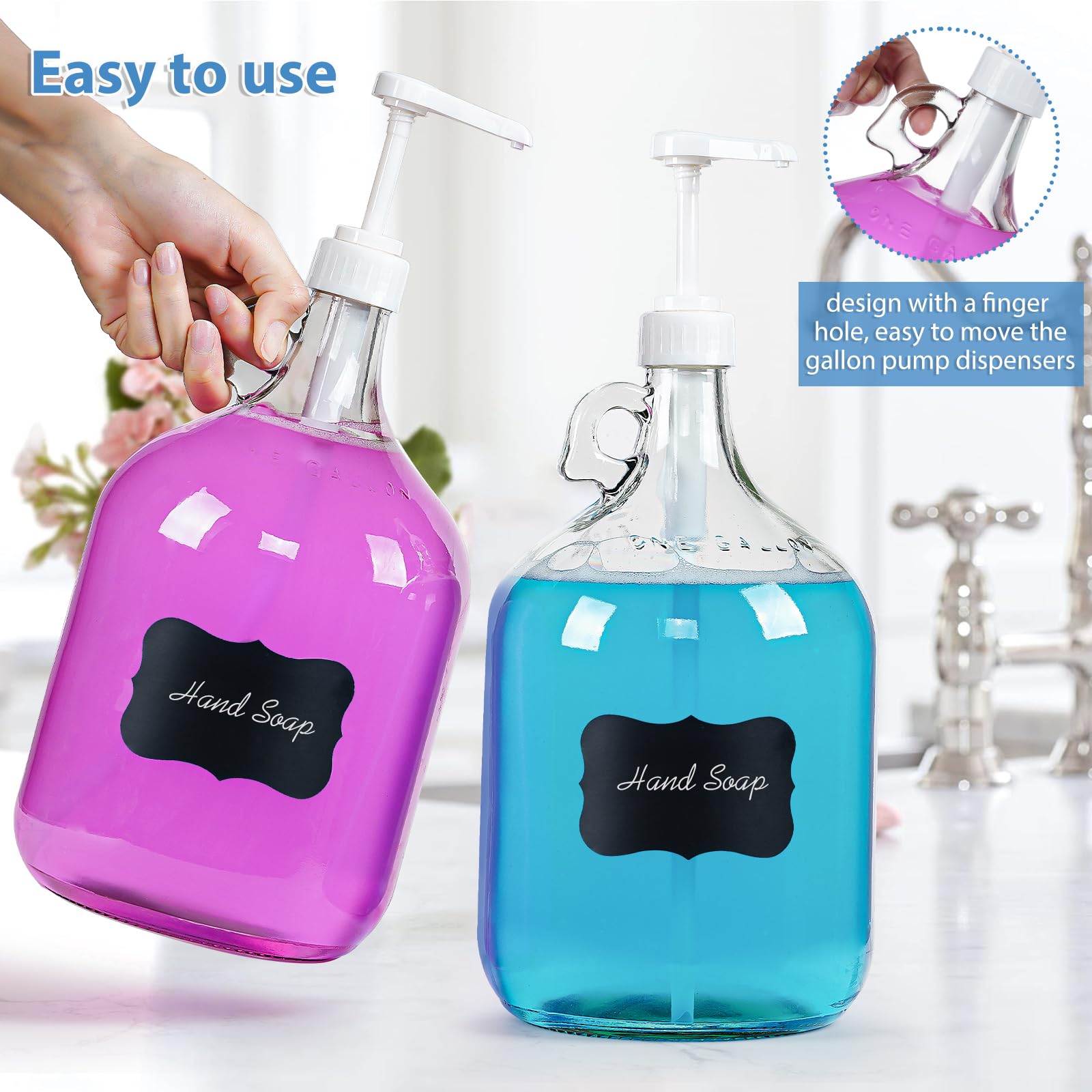 Paquete de 2 dispensadores de botellas de vidrio con bomba de galón con 3 bombas y 2 tapas herméticas, dispensadores de jabón de lavandería con 1 embudo, dispensadores de detergente líquido para