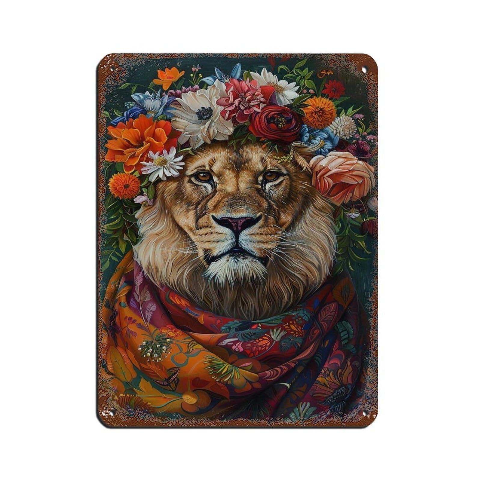 Vintage Maximalist Floral Lion Painting Poster Retro Poster Metal Tin Sign Chic Art Retro Iron Painting Bar People Cave Cafe Family Garage Poster Wall Decoration 12x16inch(30x40cm)