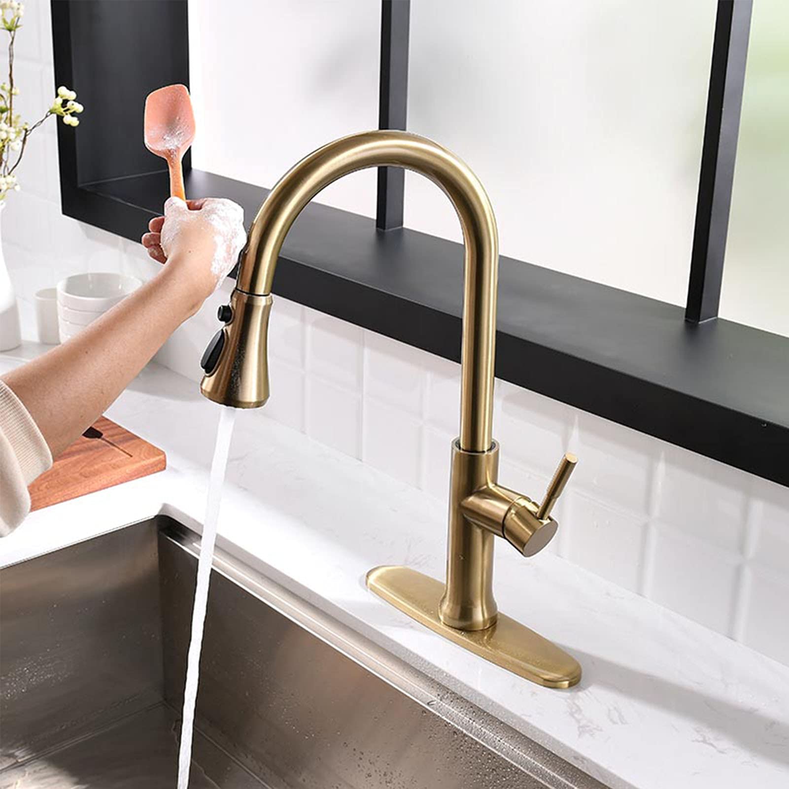 MXXQRHF Stainless Steel Kitchen Faucet Brushed Gold, Touch Kitchen Faucets with Pull Down Sprayer, Single Handle Smart Kitchen Faucet, Kitchen Mixer Tap Auspicious Clouds