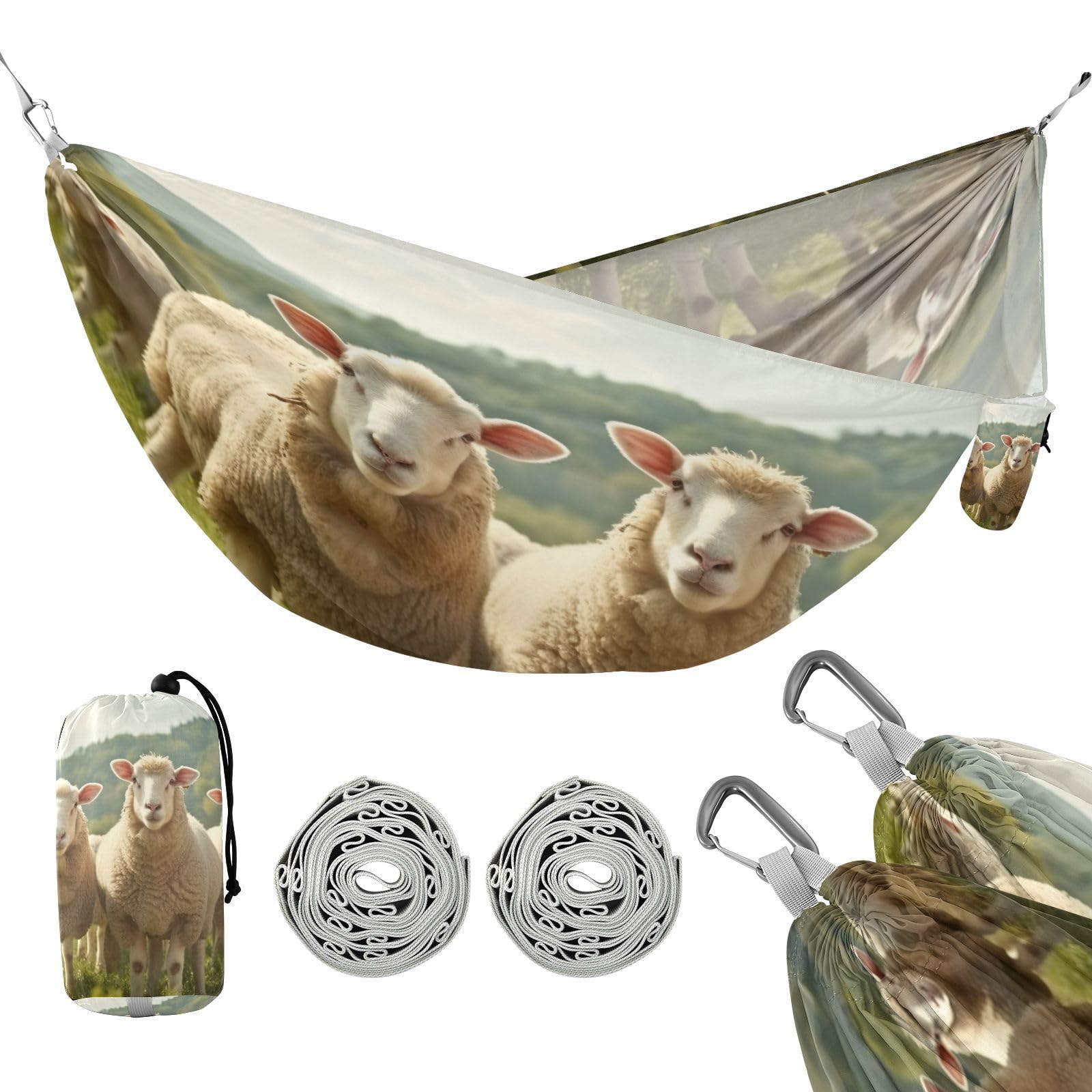 SDMKA Funny Sheep Pattern Camping Hammock, 330 lbs with 2 Tree Straps, Carry Bag, Single Portable Hammock for Outdoor/Indoor, Hiking, Beach, Backpacking, Travel
