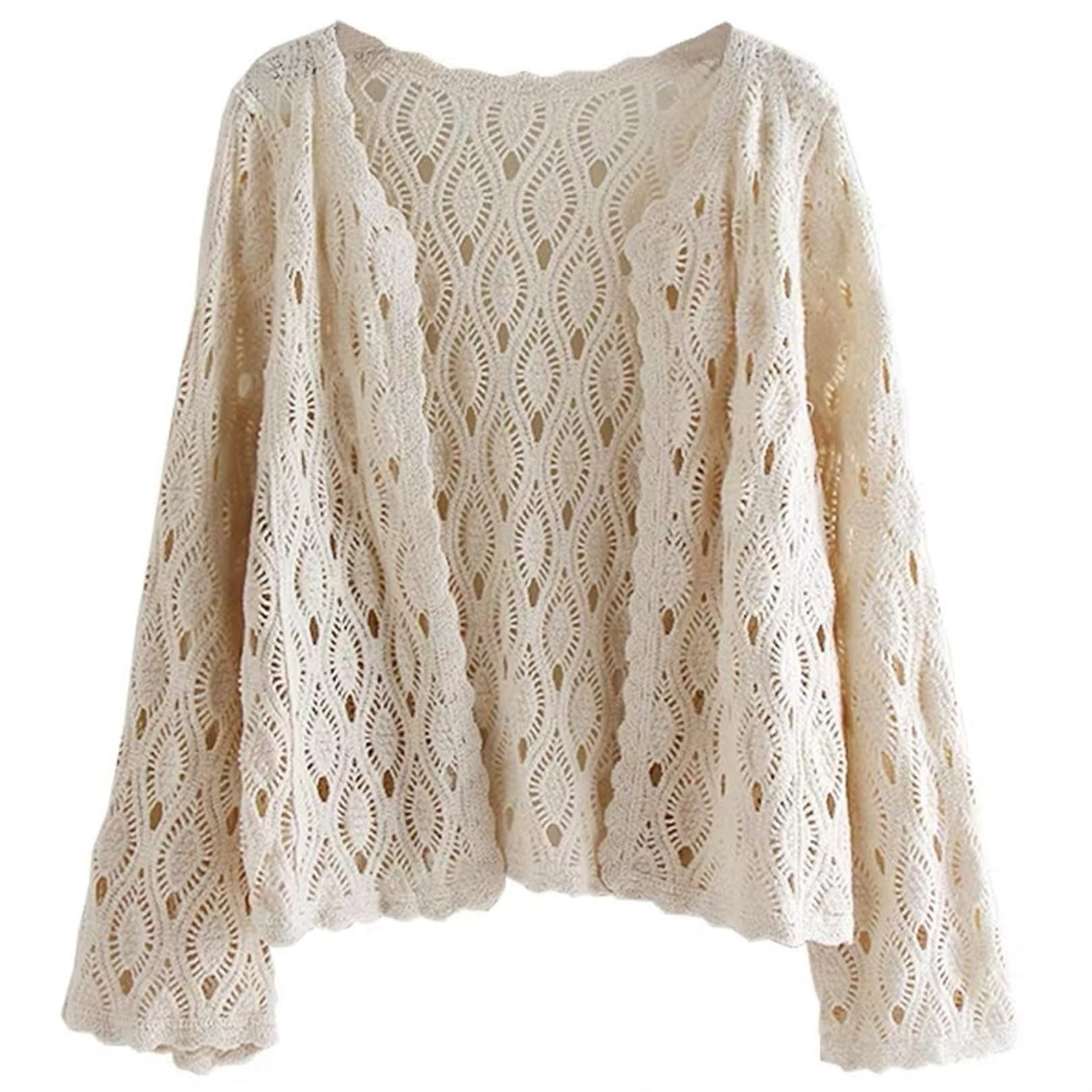 Wedhapy Summer Cardigans for Women Cotton Creamy White Long Sleeve Hollow Out Crochet Cardigans Boho Floral Spring Breathable Lace Crochet Knit Kimono