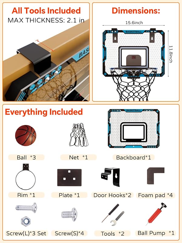 BATURU Mini Kosárlabda Palánk LED Kijelzővel, Hangeffektussal és 3 Labdával - 40cm*30cm, blue