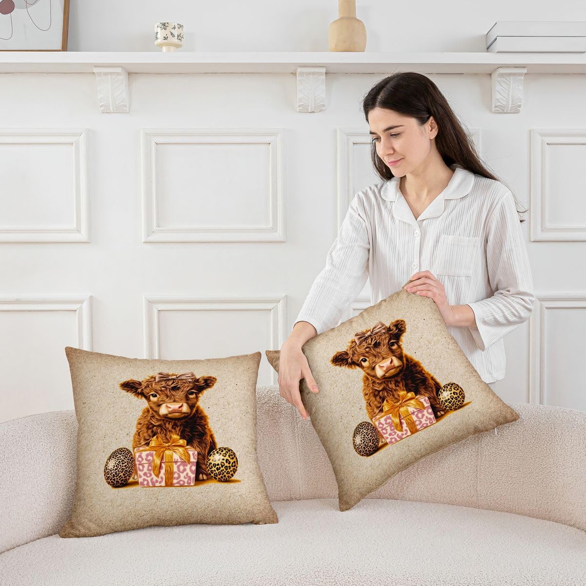 Erosebridal Cute Highland Cow Throw Pillow Covers 24x24 Inch Set of 2 Bow Leopard Print Pillow Covers Western Farmhouse Wild Animals Cushion Cases Cheetah Print Cattle Decorative Pillowcases