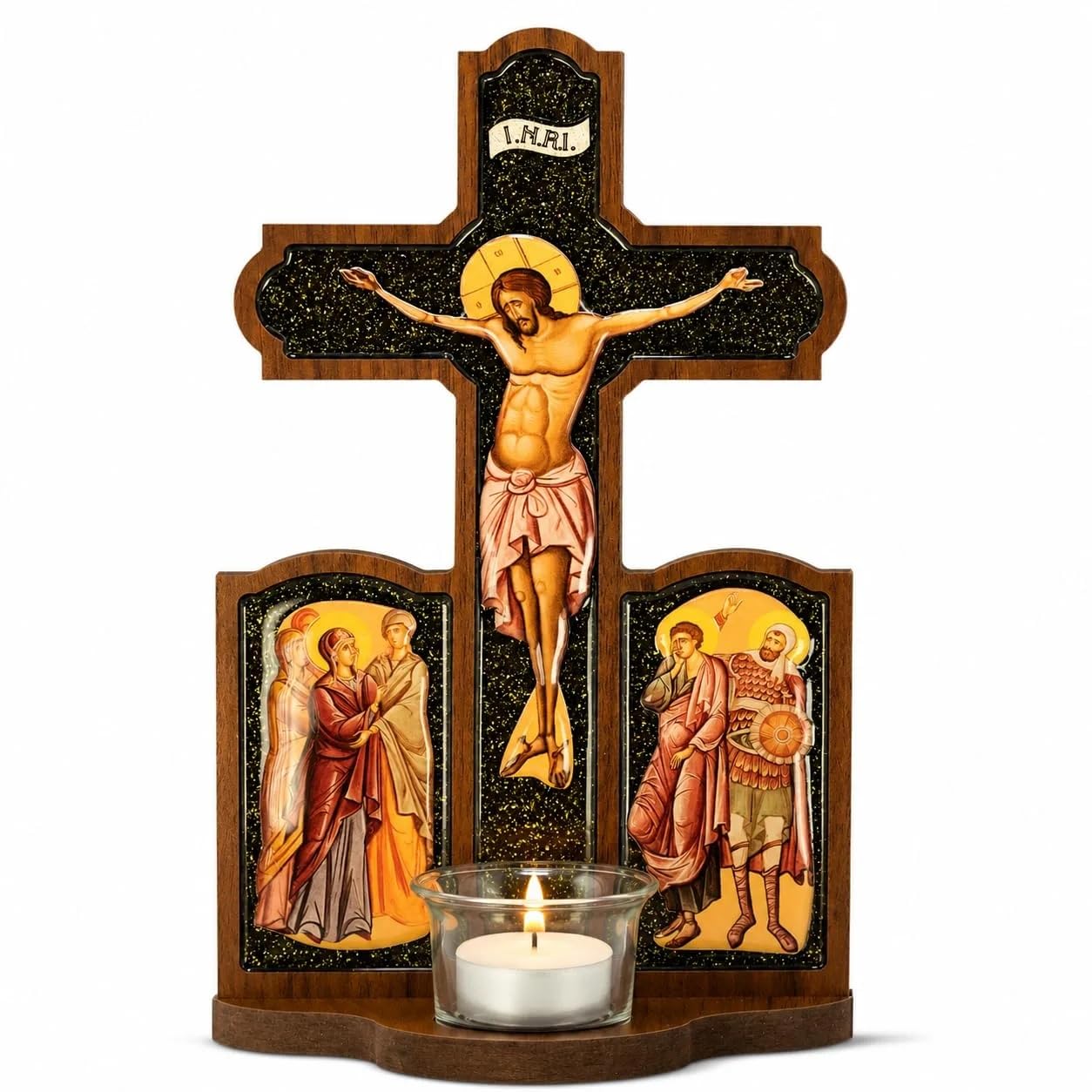 misticSparks Kruzifix aus Holz mit Ikonen und Kerzenglas, christliches Kreuz in Buntglas-Optik für Hausaltar und Gebetsecke, Geschenk zu Taufe, Kommunion und Hochzeit
