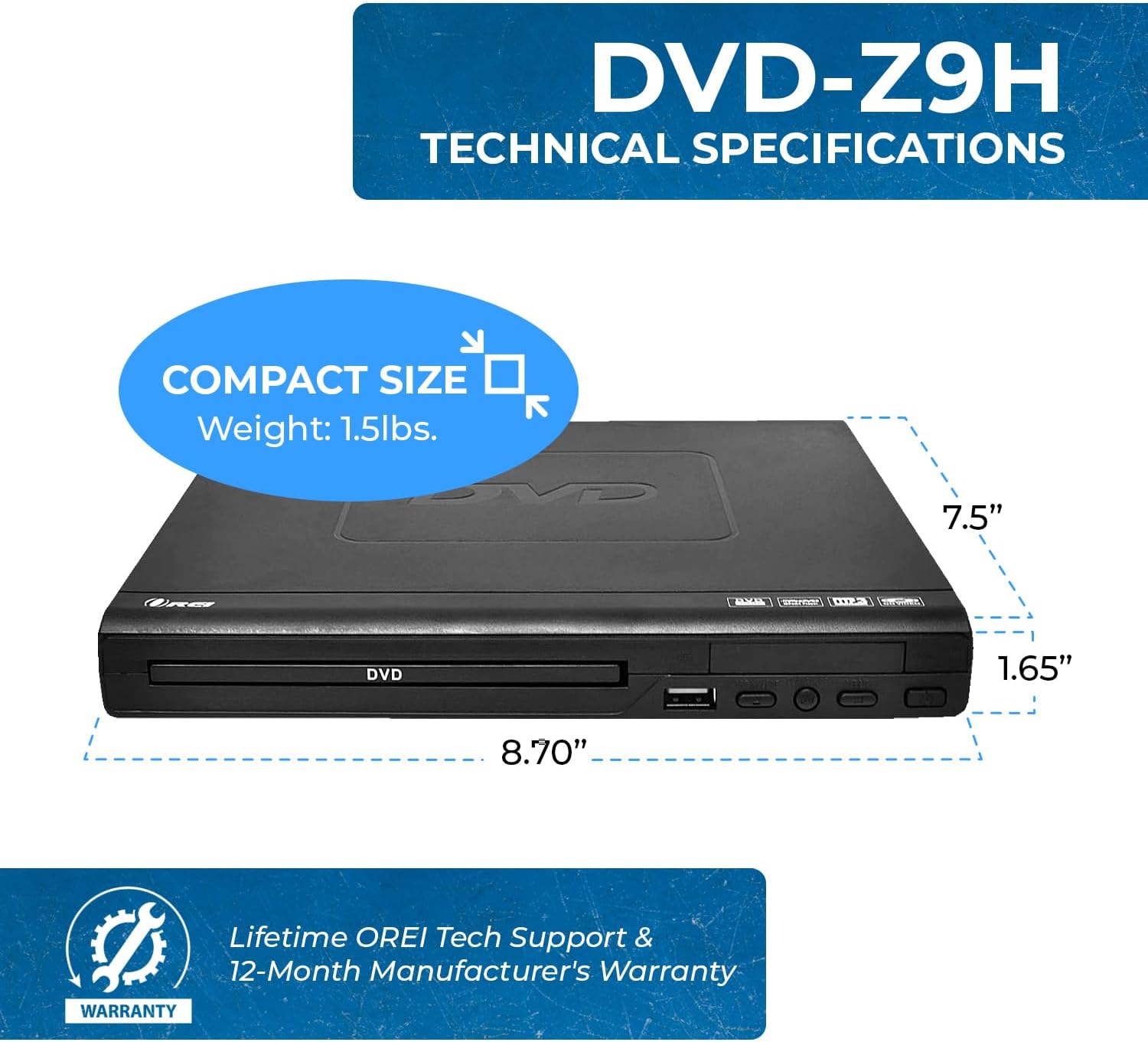 OREI DVD-Z9H DVD Player with dimensions and weight