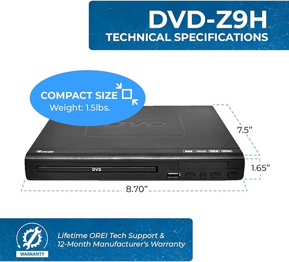 OREI Region Free HDMI DVD Player - Multi Zone 1, 2, 3, 4, 5, 6 Supports 1080P - Compact Video Player - USB Input - Built-in PAL/NTSC - Remote Control - Worldwide Voltage (DVD-Z9H)