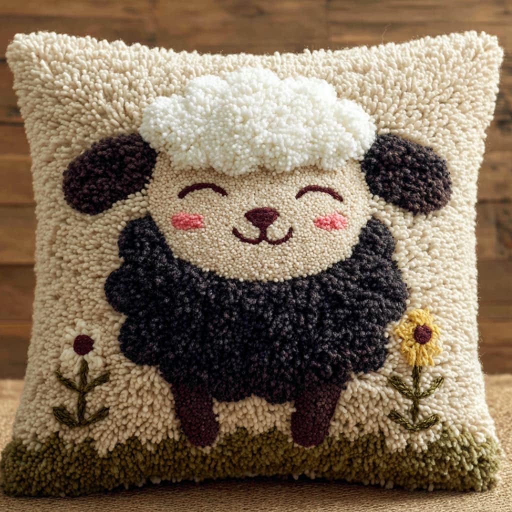 WallustrioaW DIY Latch Hook Pillow Kit,Sheep Pillowcase Kits Embroidery Kits 17X17 Inch DIY Needlework Pillow Cover Sofa Cushion Rug Making