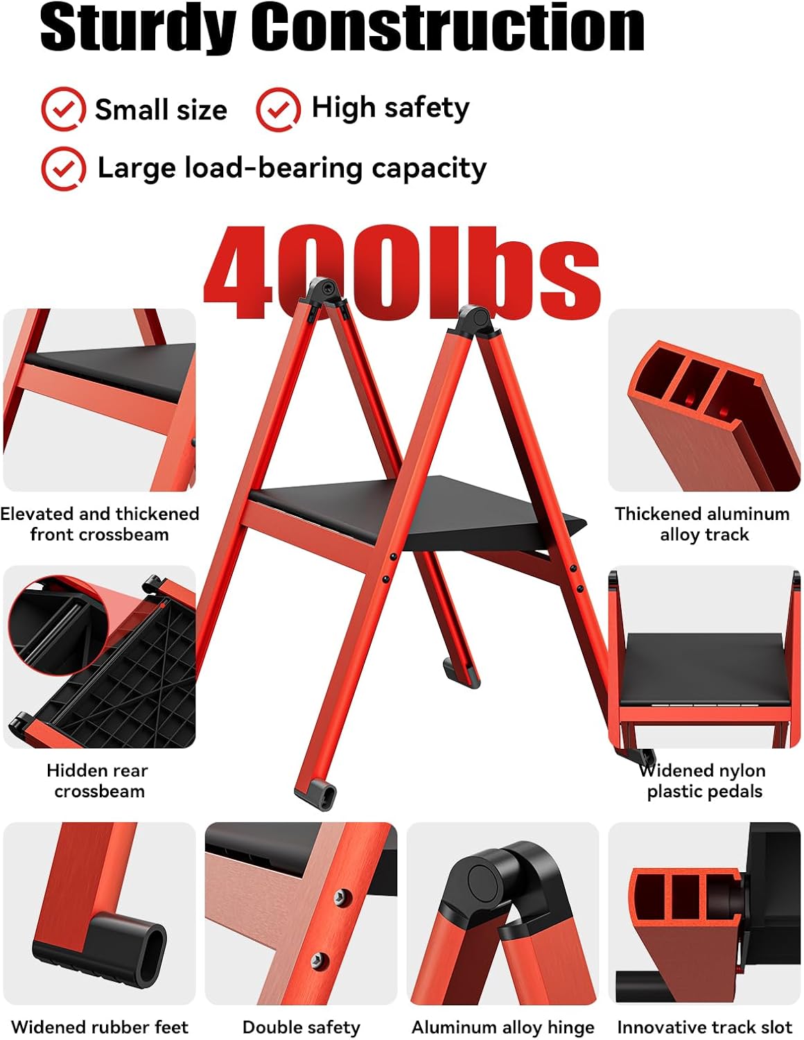 Folding Step Stool,Aluminum Ultra Thin Stool,400 Lbs Capacity Heavy Duty with Anti-Slip Sturdy and Wide Pedal,Closet Step Ladder for Home,Kitchen,Office and Dorm Bed (Red)