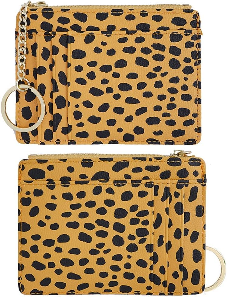 Women Slim Leather Card Case Holder Small Wallet Cute Coin Purse Girl Mini Wallet with Keychain (Leopard Yellow)
