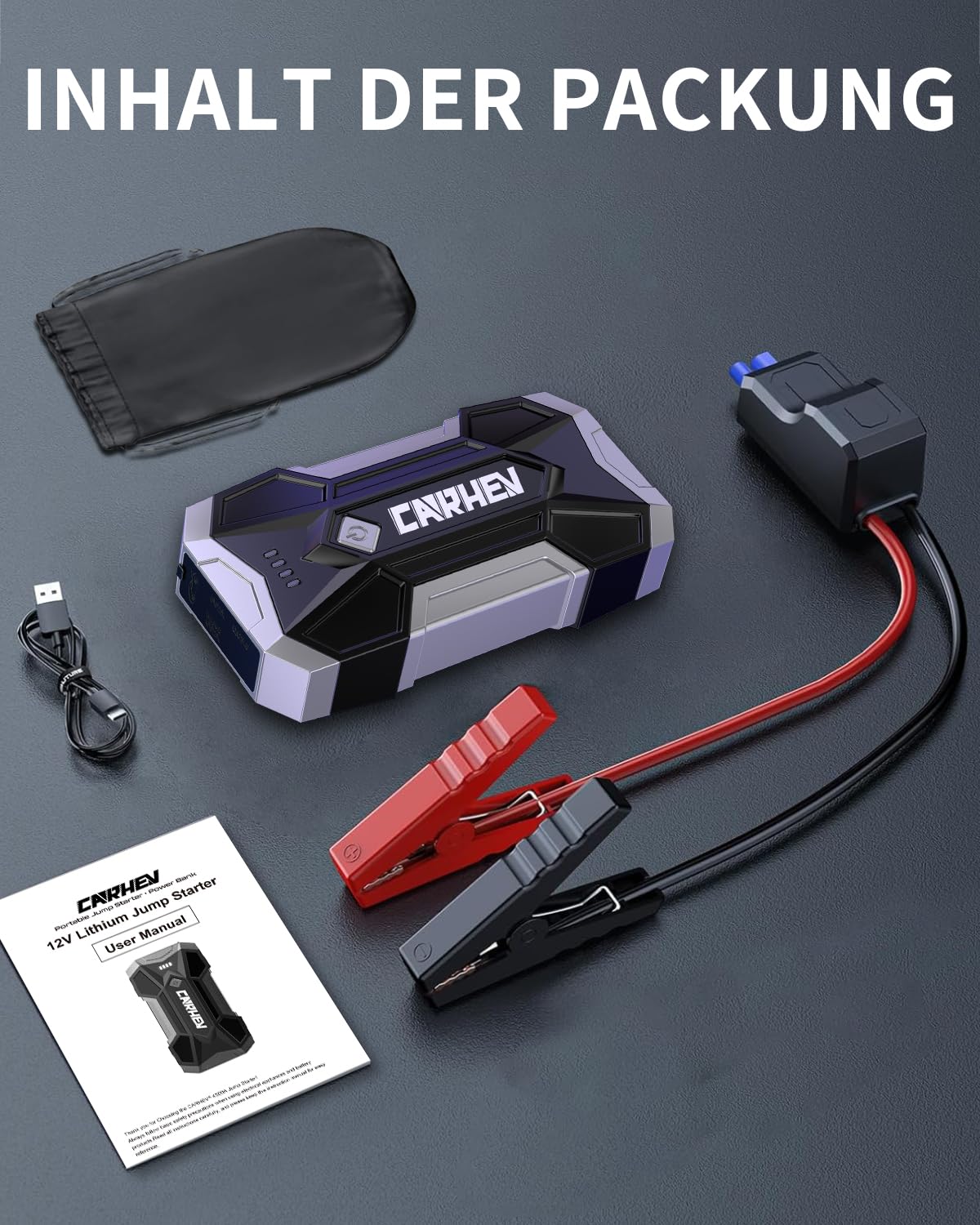 CARHEV Starthilfe Powerbank für Pkw, 4500A Starter Powerbank (Bis Zu 8,0L Benzin Oder 8,0L Diesel), Booster Auto Starthilfe mit LED, Jump Starter mit Starthilfekabel und 2 USB Ausgänge