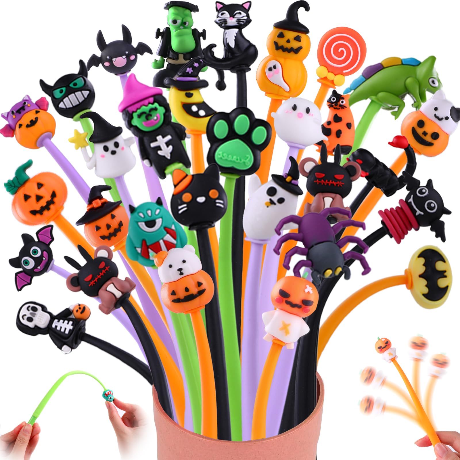 Vellibring 30pcs Halloween Fun Pens,Halloween Cute Bobblehead Squishy Stress Relief Pens Novelty Swingable Black Ink Gel Writing Stationery for