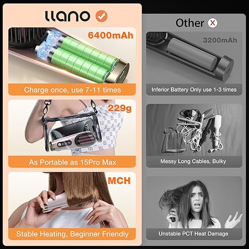 Miniatura 7 de Cepillo alisador de pelo inalámbrico portátil, 8.08 oz, ligero, mini cepillo alisador para viajes/hogar/exterior, iones negativos peine caliente