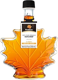 100% Pure Organic Maple Syrup, 250 ml (8.5 Fl Oz) - Premium Grade A - Quebec's Finest in Elegant Maple Leaf Bottle from Biodélices
