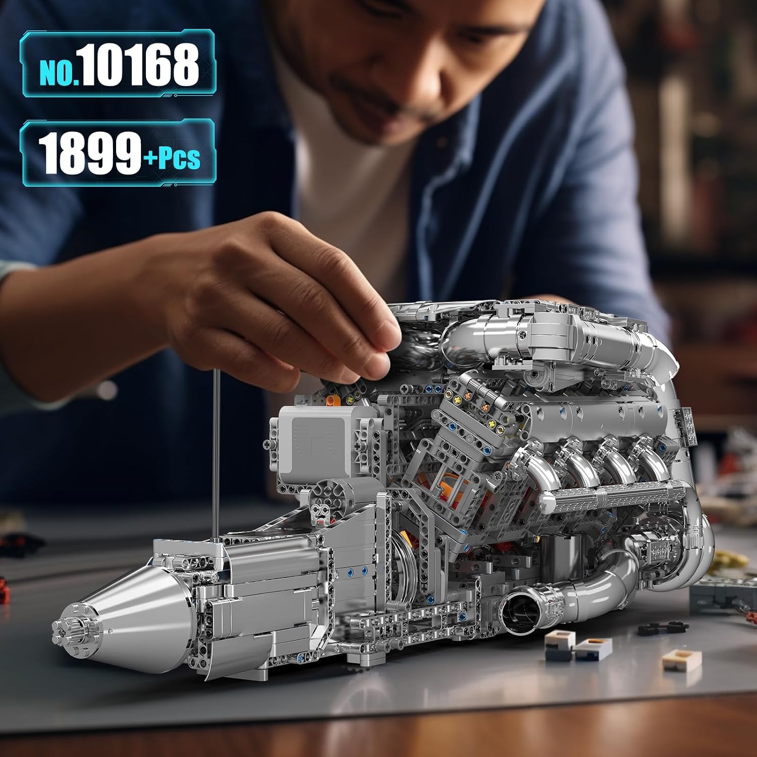 Mould King 10168 MOC Technology V8 Engine Eight Cylinder Engine Series Gasoline Engine Block Kit Technology Clamp Blocks Kit Contains Engine and Battery Box V8 Engine (2899 Parts +)