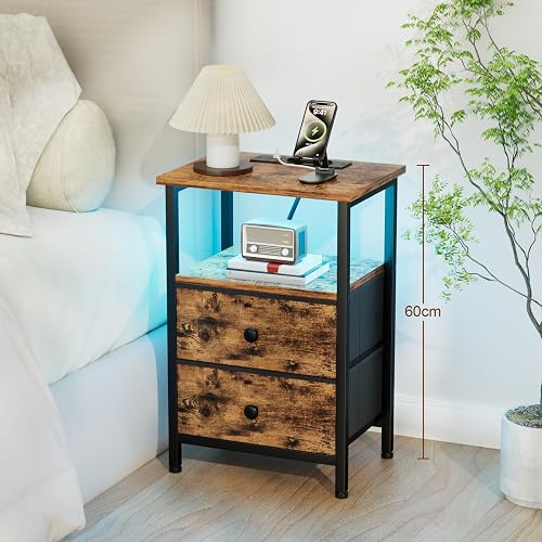 AMHANCIBLE EHETS02BR Bedside Table with Charging Station and LED Lights (Brown) Set of 2 - 7