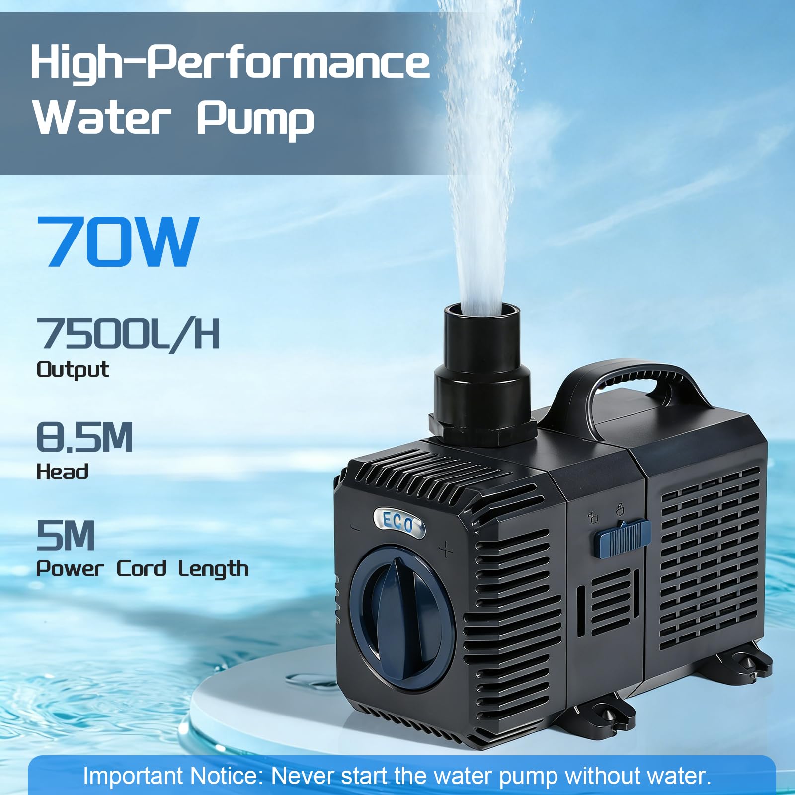 CPROSP Bomba para Estanques Exteriores 7500L/H - 70W, Altura de Elevación 8,5 m, Bomba de Agua con Cable de 5m, Caudal Regulable, para Filtro de Estanque de Jardín, Arroyo, Cascada