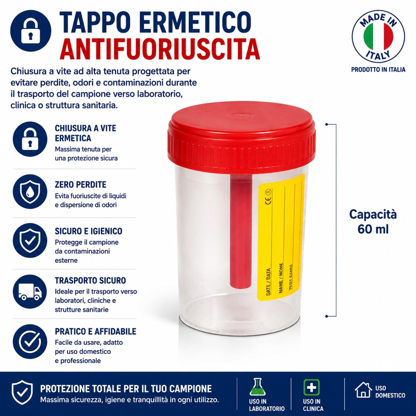 Topolenashop 2 Contenitori Sterili per Feci 60 ml con Cucchiaino, Tappo Ermetico ed Etichetta – Barattoli Raccolta Campioni Monouso per Analisi Coprologiche, Made in Italy 578943