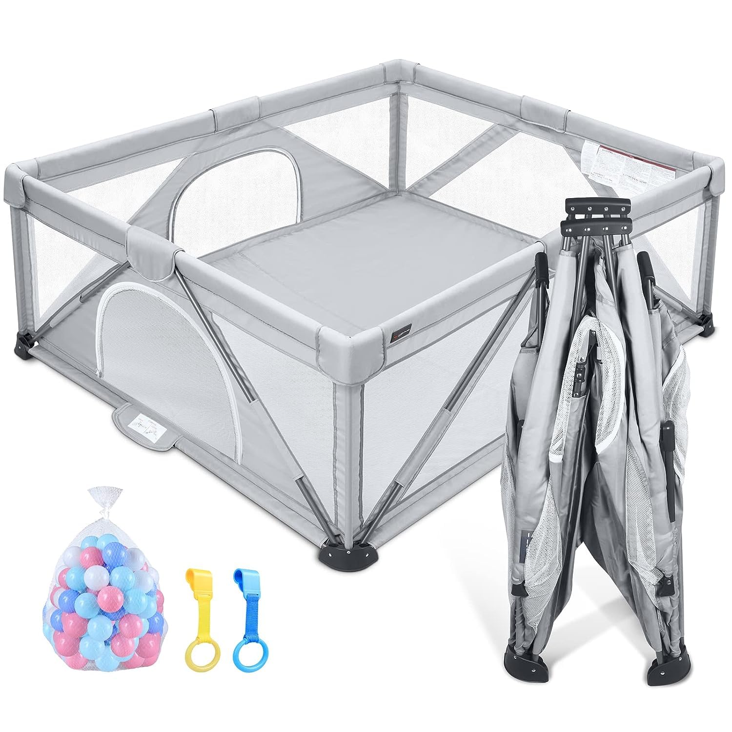 Parque de Juegos para Bebés 150 x 150 cm - Incluye Manta de Juegos + 50 Bolas + 4 agarres - Centro de Actividades para niños, Patio de juegos bebé con Bolsa Transporte (Autoplegable gris)