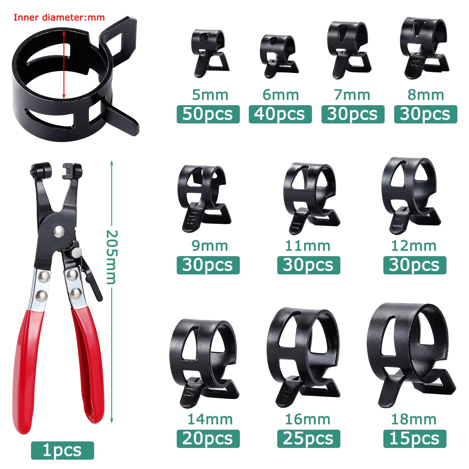 300 Pièces Colliers de Serrage à Ressort, Clips à Ressort Tuyau Serre-Joints à Tuyaux, 10 Tailles 5-18mm Colliers de Clip à Ressort, Colliers de Conduite de Carburant Tuyau avec une Pinces