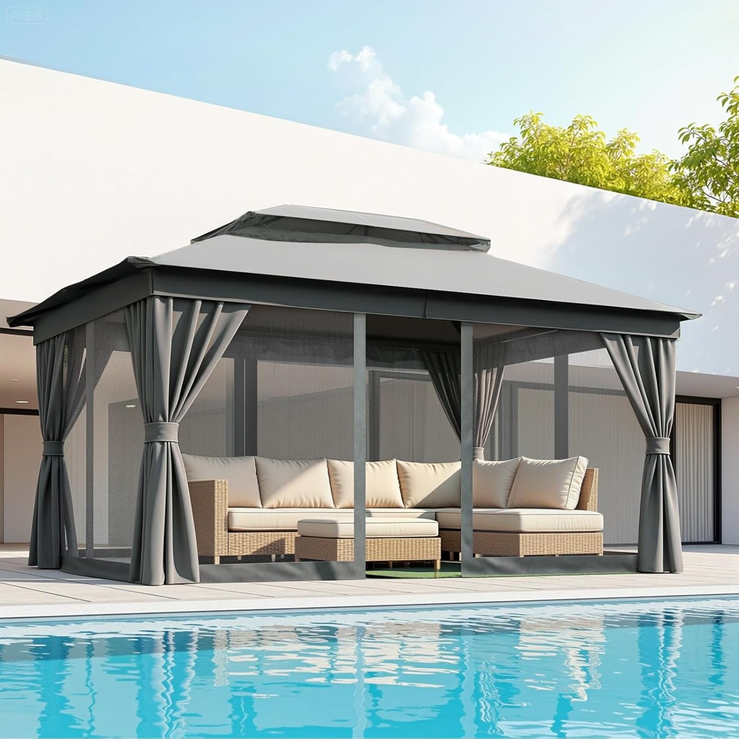 Gazebo 3x4m, Double Roof Outdoor Patio Gazebo with Curtains & Removable Netting, Steel Frame, Ventilated Design, Hanging Hook, Grey