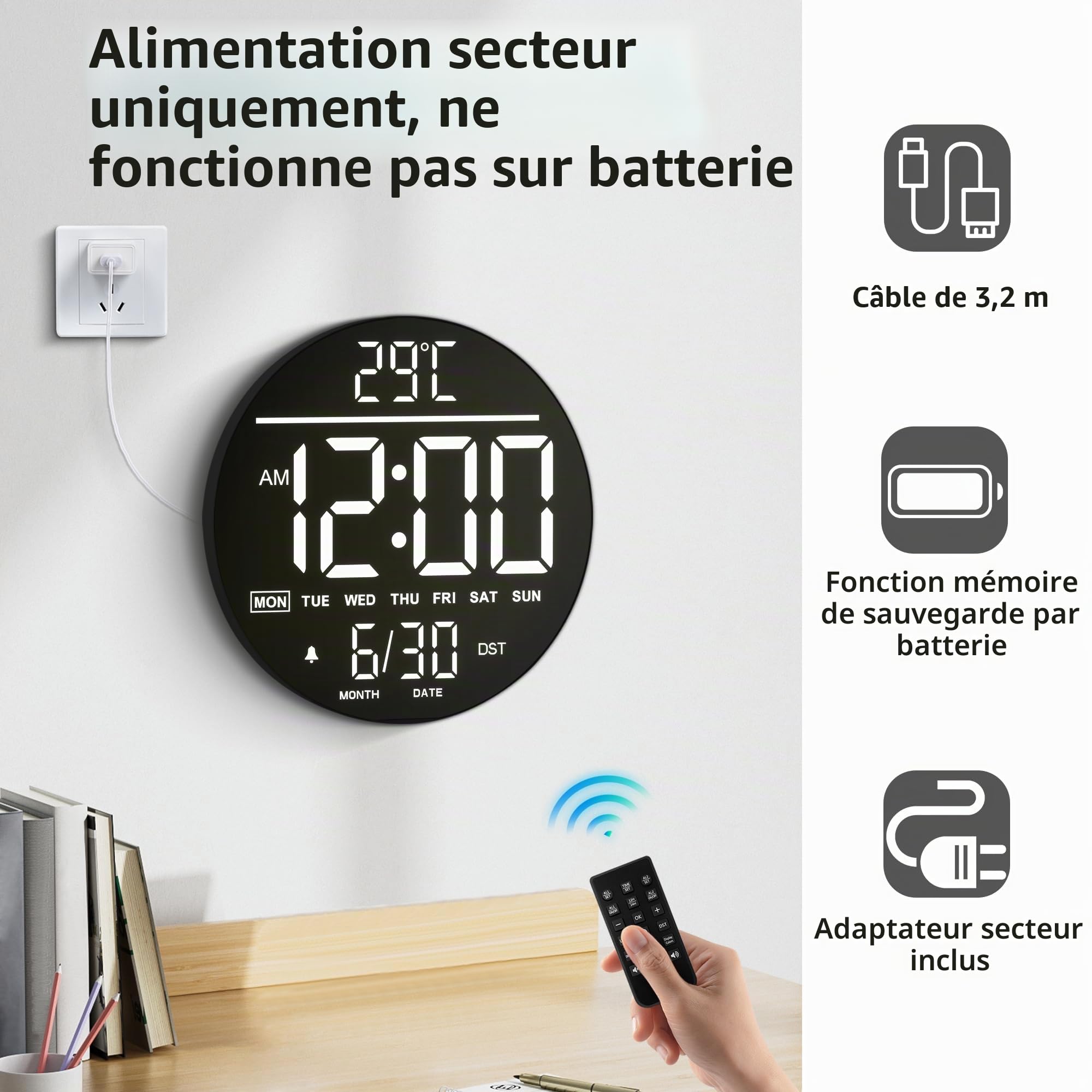 Horloge Murale Numérique 10" avec Veilleuse, Alarme, Télécommande, 11 Couleurs RGB, Luminosité Auto, Température, Date et Jour, Horloge Murale LED Électrique Moderne pour Chambre et Salon
