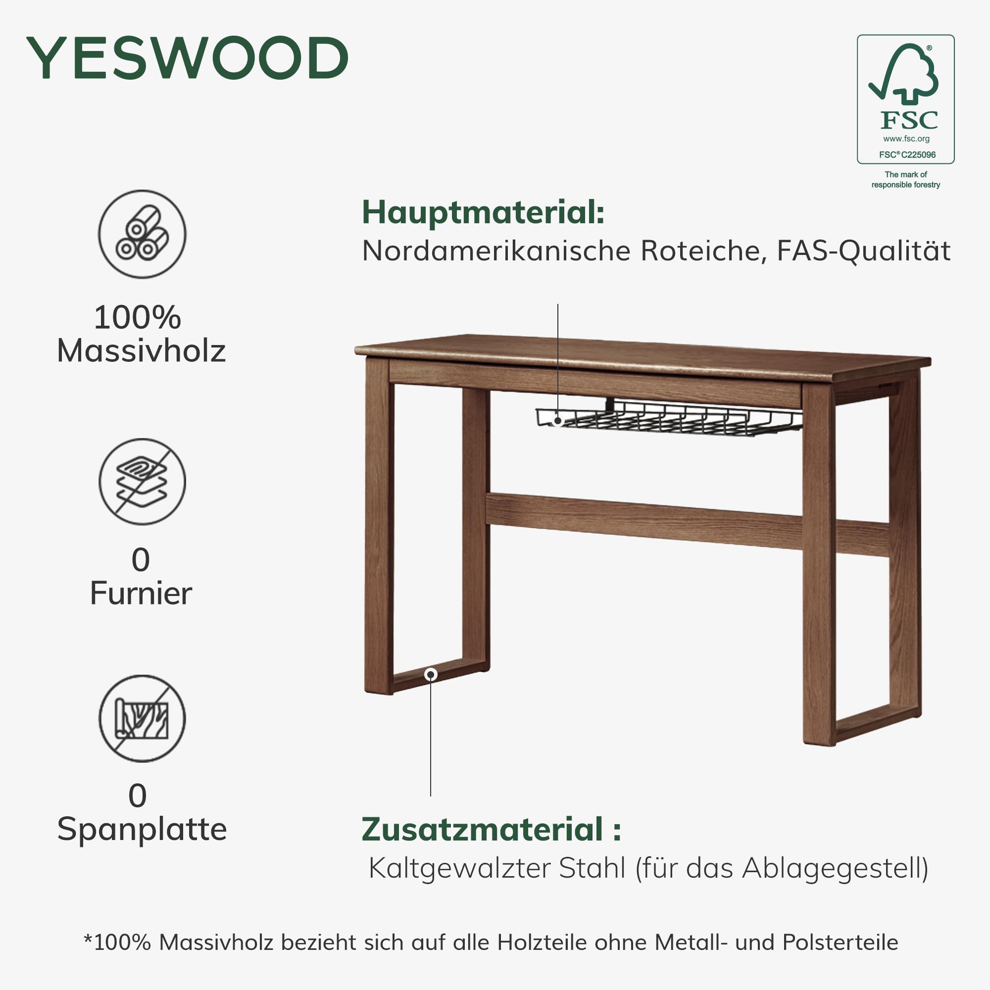 YESWOOD Massivholz Kleiner Schreibtisch mit Schubladen & Ausziehplatte 1.2M