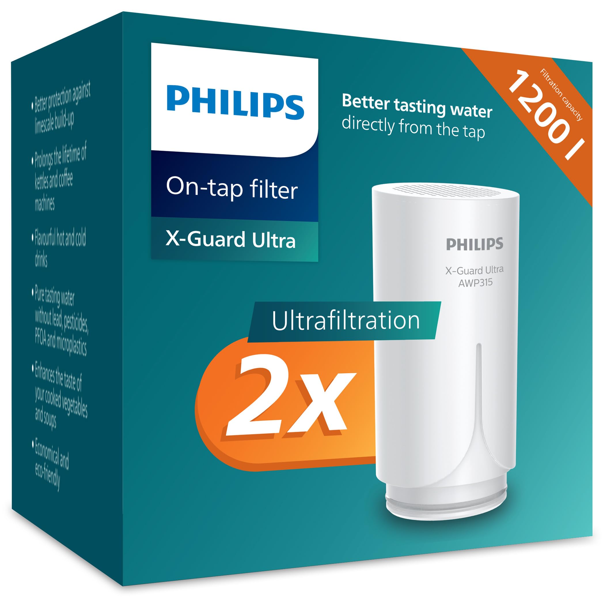 Philips Water Ontap Filter Cartridge AWP315P2/10, ULTRAFILTRATION, Reduces Chlorine, Lead, microplastics, Bacteria, 1200 L Filtration Capacity, Double Pack